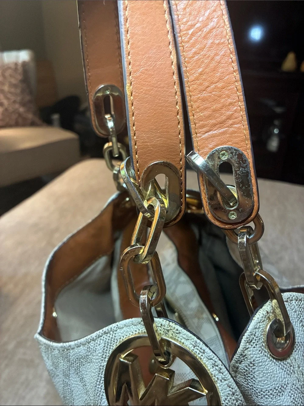 Michael Kors Beige & Tan Logo Chain-Handle‎ Hobo